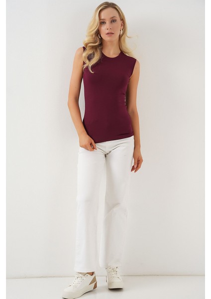 Kadın BDART Dik Yaka, Askısız, Fitilli Bodysuit Red