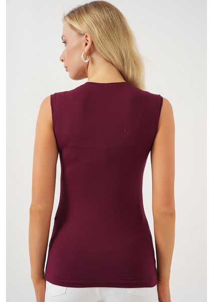 Kadın BDART Dik Yaka, Askısız, Fitilli Bodysuit Red