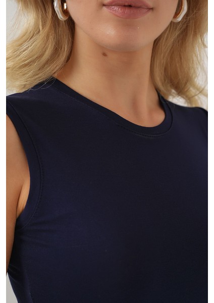 Kadın BDART Dik Yaka, Askısız, Fitilli Bodysuit Lacivert