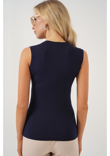 Kadın BDART Dik Yaka, Askısız, Fitilli Bodysuit Lacivert