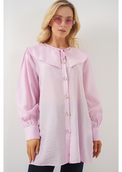 Kadın BDART Bebek Yaka ve Fiyonk Detaylı Uzun Bol Bluz Pink