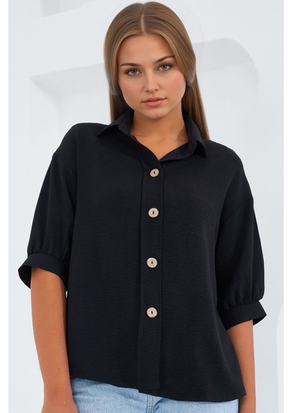 Kadın BDART Düğme Kapamalı Oversize Krep Gömlek Siyah