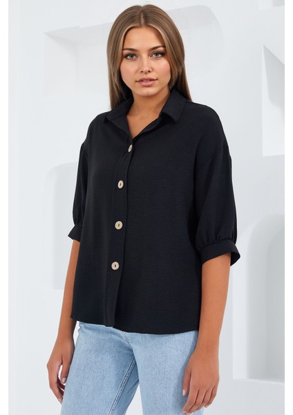 Kadın BDART Düğme Kapamalı Oversize Krep Gömlek Siyah