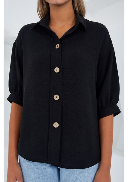 Kadın BDART Düğme Kapamalı Oversize Krep Gömlek Siyah