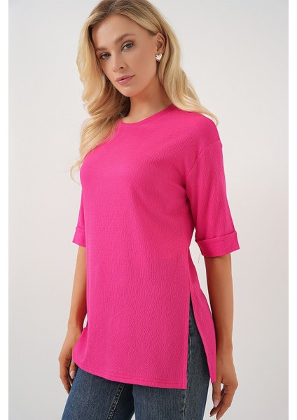 Kadın BDART Dokulu Uzun Kol Yaka Tişört Parlak Pembe