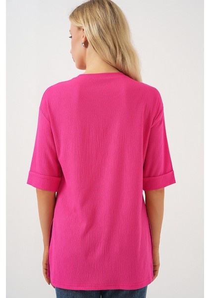 Kadın BDART Dokulu Uzun Kol Yaka Tişört Parlak Pembe