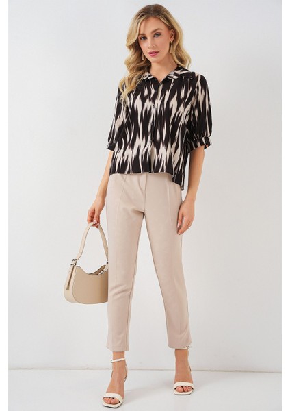 Kadın BDART Düğmeli Desenli Kısa Gömlek Siyah