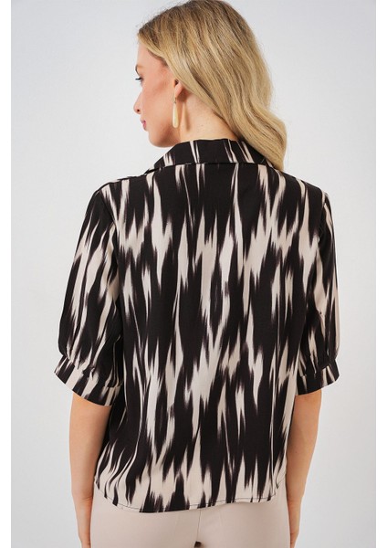 Kadın BDART Düğmeli Desenli Kısa Gömlek Siyah