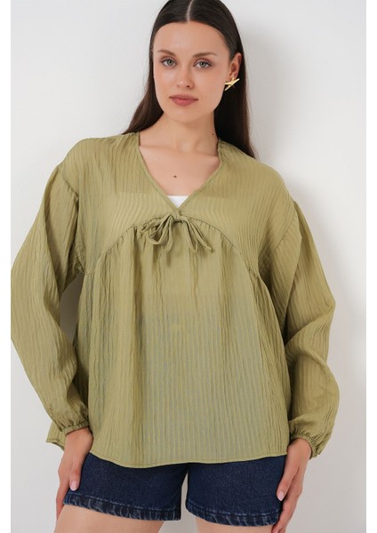 Kadın BDART Kemerli V Yaka Seersucker Bluz Green