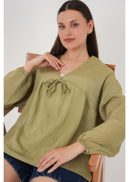 Kadın BDART Kemerli V Yaka Seersucker Bluz Green