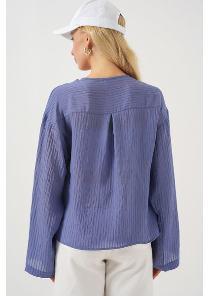 Kadın BDART Fiyonk Bağlamalı Sırsız V-Yaka Bluz Blue