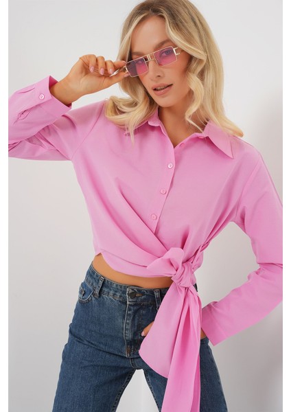 Kadın BDART İkili Kısa Gömlek Bow Detaylı Pink