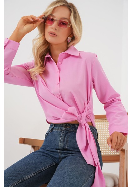 Kadın BDART İkili Kısa Gömlek Bow Detaylı Pink