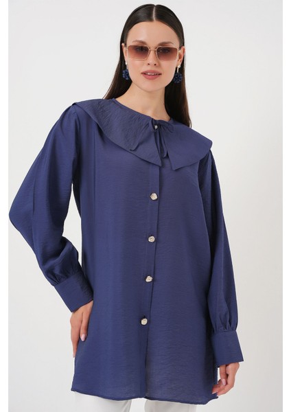 Kadın BDART Bebek Yaka ve Fiyonk Detaylı Uzun Bol Bluz Lacivert