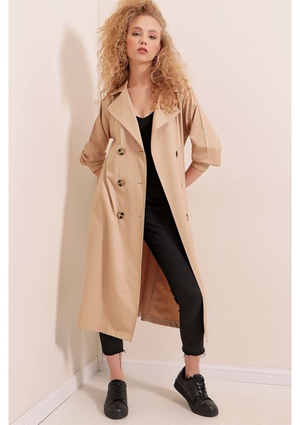 Kadın BDART Düğmeli İki Yaka Uzun Trençkot Deve Kahvesi