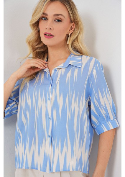 Kadın BDART Düğmeli Desenli Kısa Gömlek Maya Mavisi