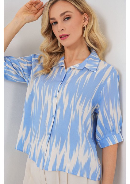 Kadın BDART Düğmeli Desenli Kısa Gömlek Maya Mavisi