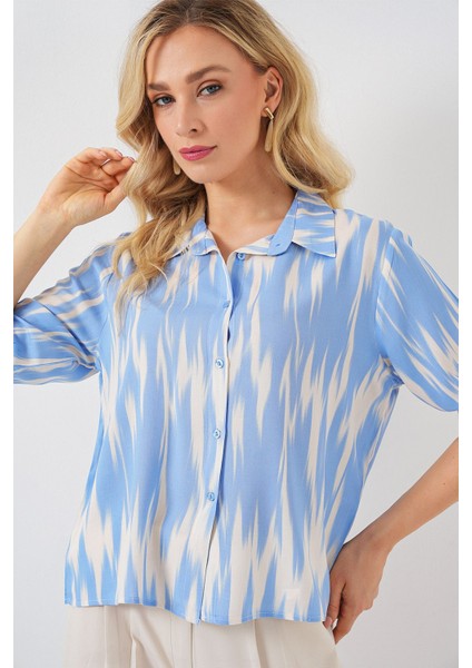 Kadın BDART Düğmeli Desenli Kısa Gömlek Maya Mavisi