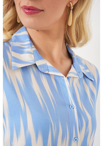 Kadın BDART Düğmeli Desenli Kısa Gömlek Maya Mavisi