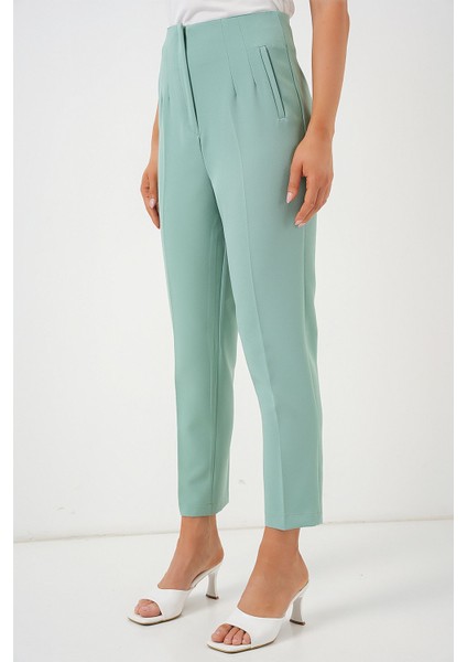 Kadın BDART Yüksek Bel Dar Kalıp Bilek Boy Krep Pantolon Nane Yeşili