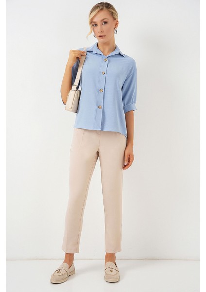 Kadın BDART Düğme Kapamalı Oversize Krep Gömlek Blue