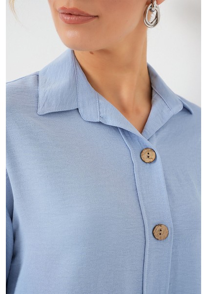 Kadın BDART Düğme Kapamalı Oversize Krep Gömlek Blue