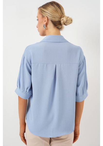 Kadın BDART Düğme Kapamalı Oversize Krep Gömlek Blue