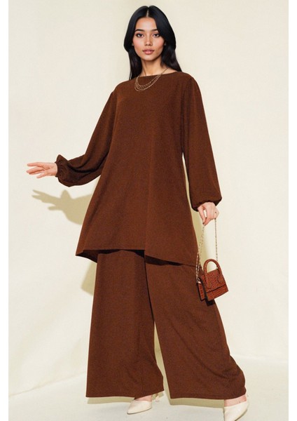 Kadın BDART Dokulu Uzun Kollu Tunik ve Geniş Paça Pantolon Seti Kahverengi