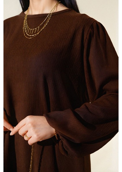 Kadın BDART Dokulu Uzun Kollu Tunik ve Geniş Paça Pantolon Seti Kahverengi modelleri