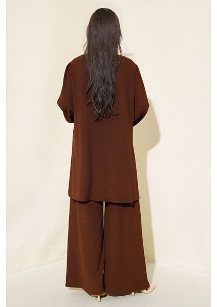 Kadın BDART Dokulu Uzun Kollu Tunik ve Geniş Paça Pantolon Seti Kahverengi fırsatları
