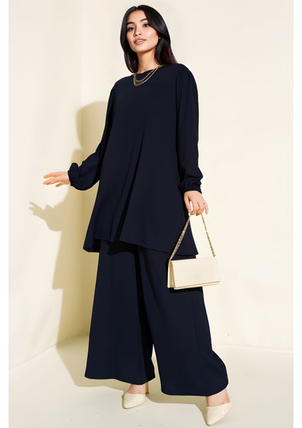 Kadın BDART Dokulu Uzun Kollu Tunik ve Geniş Paça Pantolon Seti Lacivert