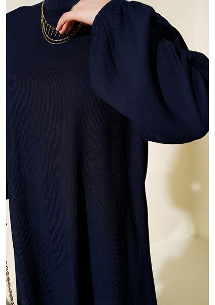 Kadın BDART Dokulu Uzun Kollu Tunik ve Geniş Paça Pantolon Seti Lacivert