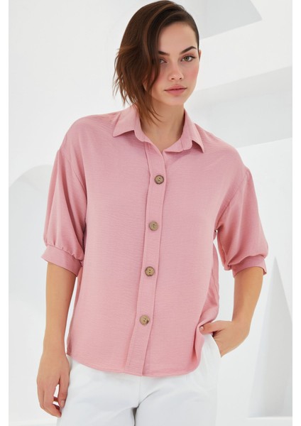 Kadın BDART Düğme Kapamalı Oversize Krep Gömlek Karanfil Pembesi