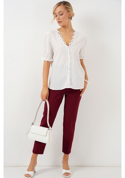 Kadın BDART Dokulu V Yaka Bluz White