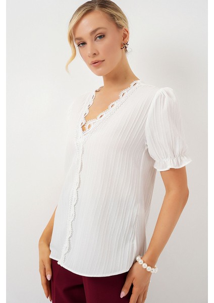 Kadın BDART Dokulu V Yaka Bluz White