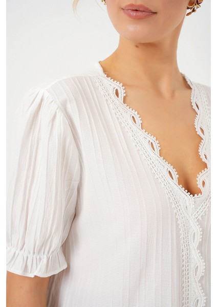 Kadın BDART Dokulu V Yaka Bluz White