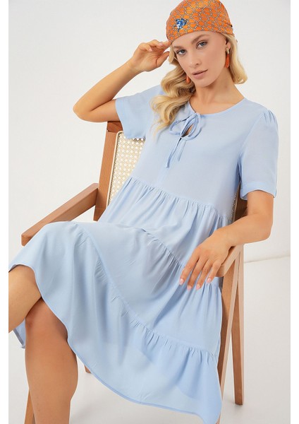 Kadın BDART Kemerli, Düğme Detaylı, Kısa Kollu Mini Elbise Maya Mavisi