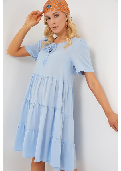 Kadın BDART Kemerli, Düğme Detaylı, Kısa Kollu Mini Elbise Maya Mavisi