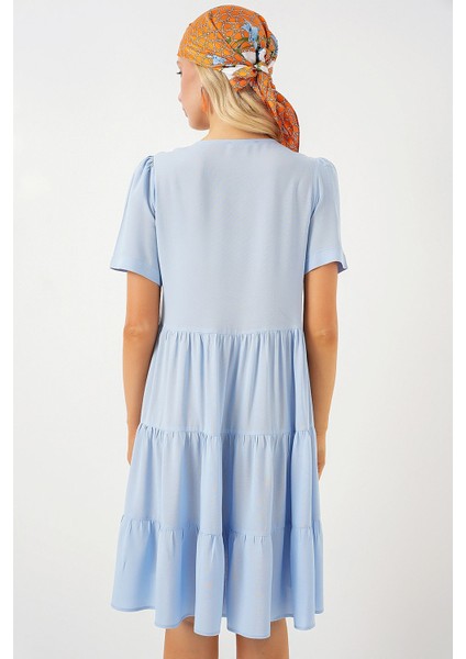 Kadın BDART Kemerli, Düğme Detaylı, Kısa Kollu Mini Elbise Maya Mavisi