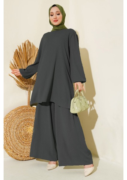 Kadın BDART Dokulu Uzun Kollu Tunik ve Geniş Paça Pantolon Seti Kömür Grisi indirimleri