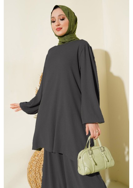 Kadın BDART Dokulu Uzun Kollu Tunik ve Geniş Paça Pantolon Seti Kömür Grisi