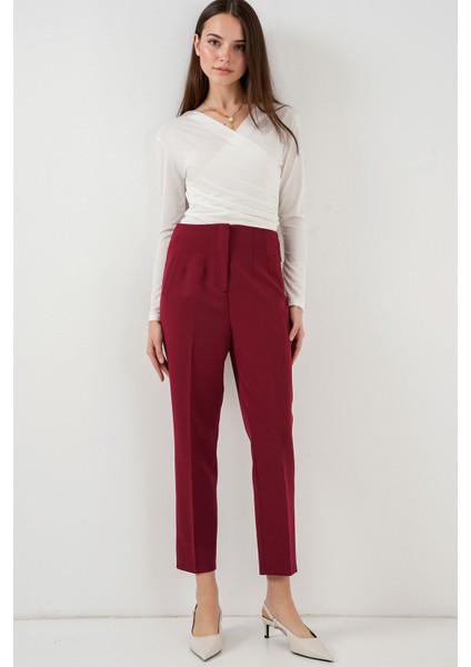 Kadın BDART Yüksek Bel Dar Kalıp Bilek Boy Krep Pantolon Bordo Kırmızı