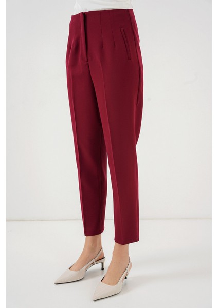 Kadın BDART Yüksek Bel Dar Kalıp Bilek Boy Krep Pantolon Bordo Kırmızı
