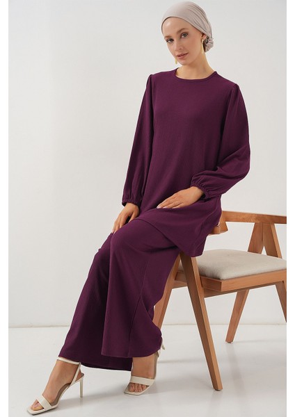 Kadın BDART Dokulu Uzun Kollu Tunik ve Geniş Paça Pantolon Seti Ametist Mor