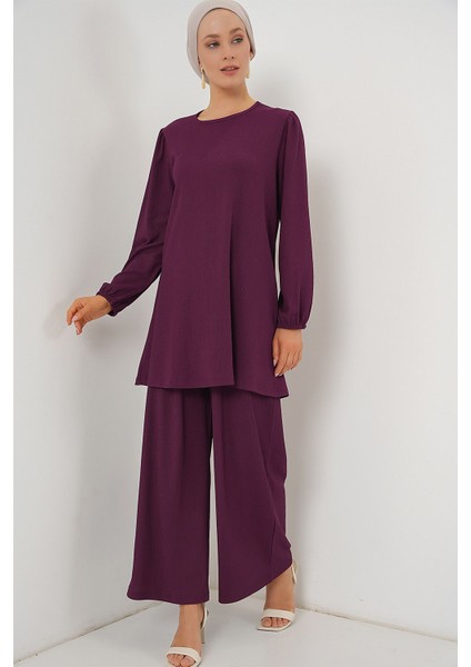 Kadın BDART Dokulu Uzun Kollu Tunik ve Geniş Paça Pantolon Seti Ametist Mor