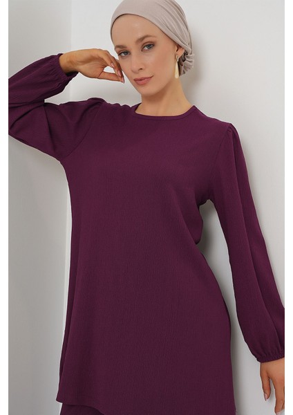Kadın BDART Dokulu Uzun Kollu Tunik ve Geniş Paça Pantolon Seti Ametist Mor
