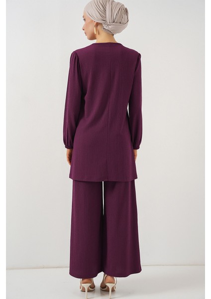 Kadın BDART Dokulu Uzun Kollu Tunik ve Geniş Paça Pantolon Seti Ametist Mor