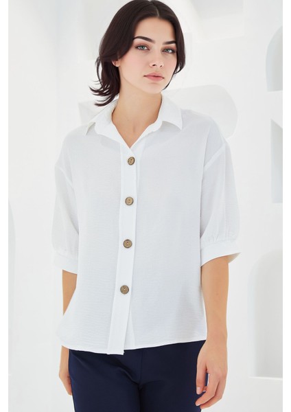 Kadın BDART Düğme Kapamalı Oversize Krep Gömlek White