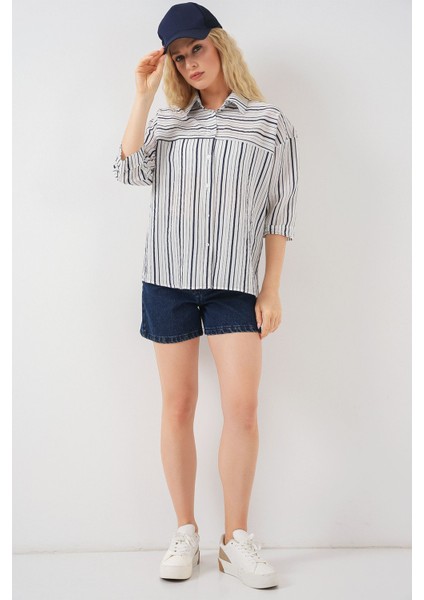 Kadın BDART Üç Çeyrek Kollu Şeritli Poplin Gömlek Lacivert