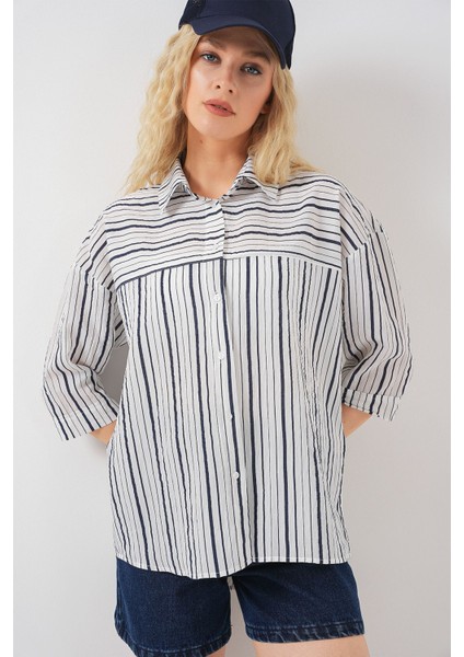 Kadın BDART Üç Çeyrek Kollu Şeritli Poplin Gömlek Lacivert